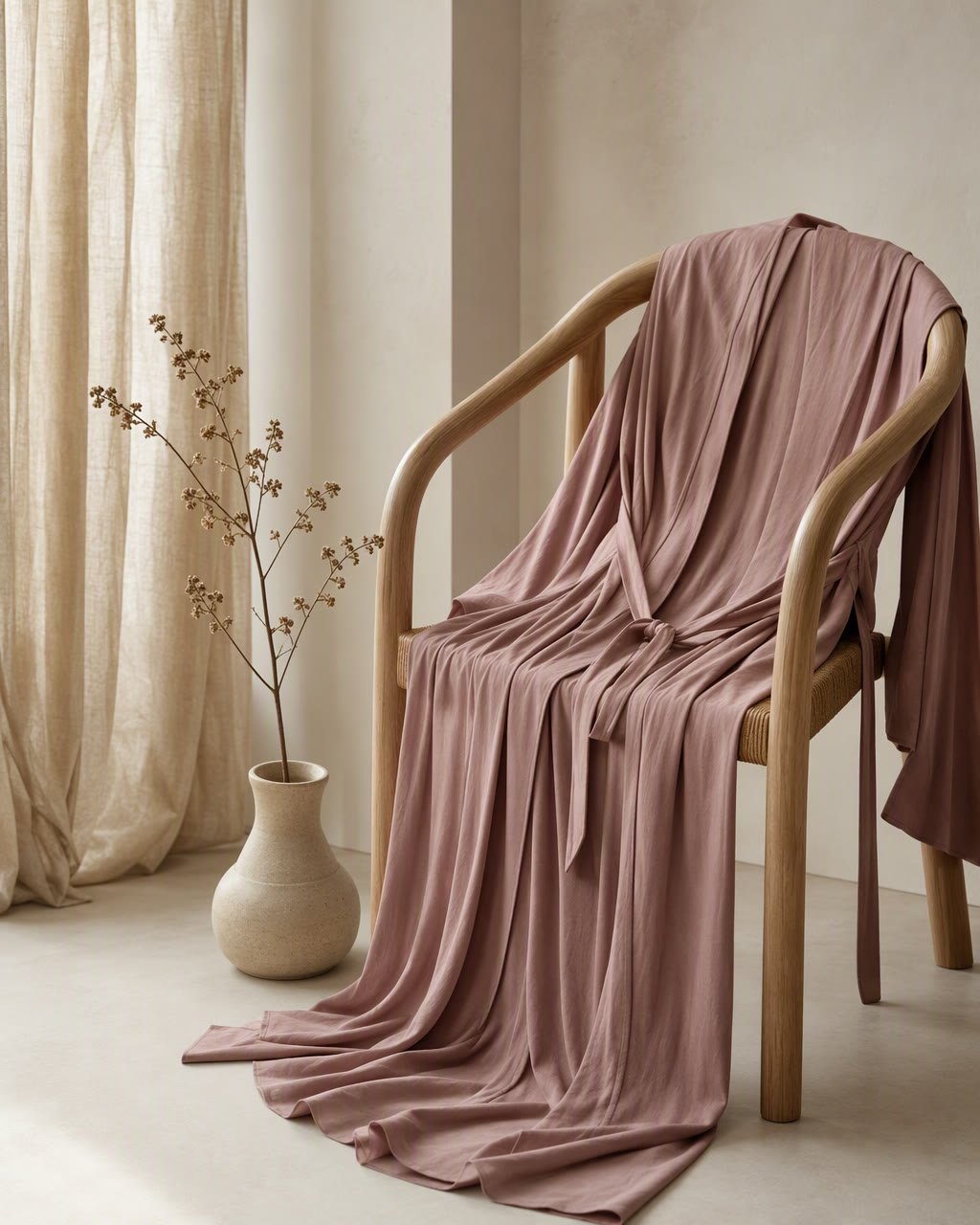 Cover-up draped over a wooden chair in soft light